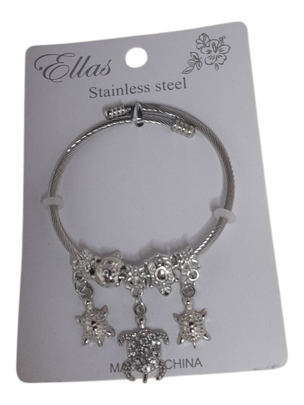Stainless Steel Sea Turtle Charm Rhinestone Cable Wire Bangle Bracelet